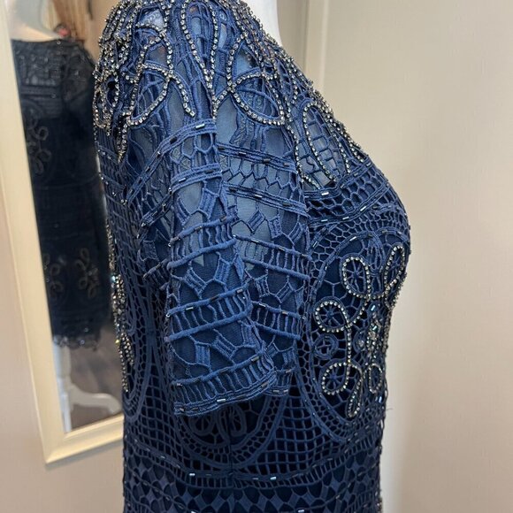 Aidan Mattox Navy Short Lace Beaded Sheath Cocktail Dress, Size 12 - Picture 10 of 16